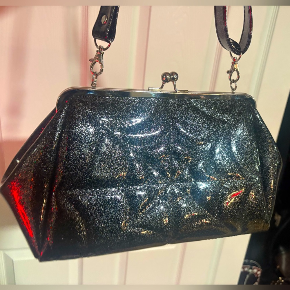 Diabla 66 Handbag Society Silver Glitter Black Spiderweb Large Kisslock Handbag
